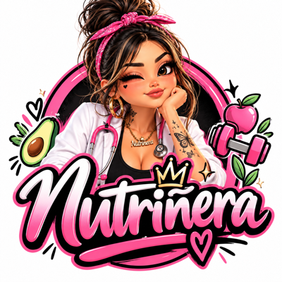 La Nutriñera: avatar con paliacate rosa, bata blanca y estetoscopio, guiñando un ojo, sobre su nombre en letras rosas con corona dorada